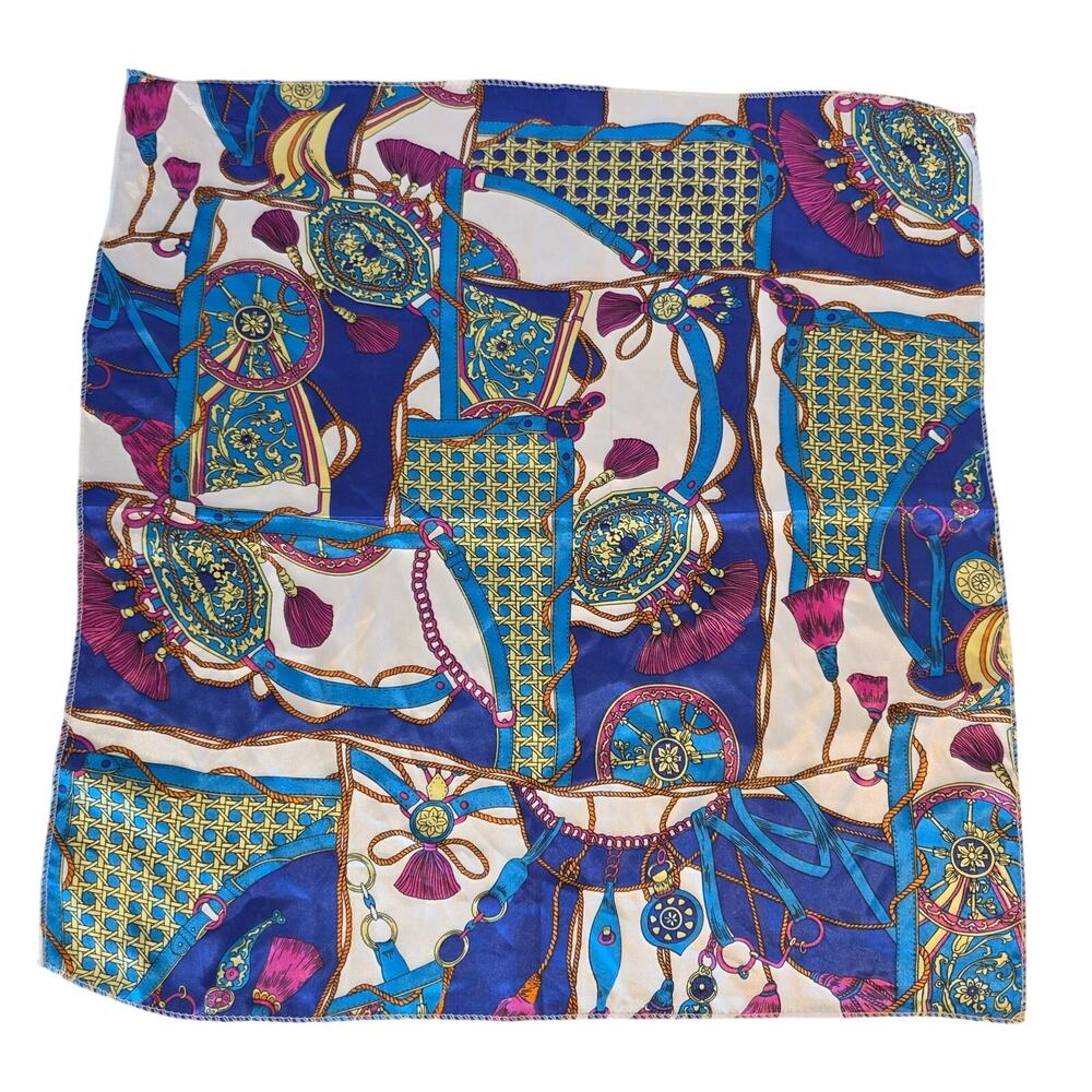 Vintage Equestrian Chain Belt Silk Feel Scarf Blue Magenta